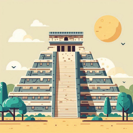 Ancient Mayan pyramid in the park. Vector illustration in flat styleのイラスト素材