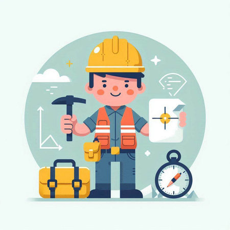 Cartoon construction worker with tools. Vector illustration in flat style.のイラスト素材