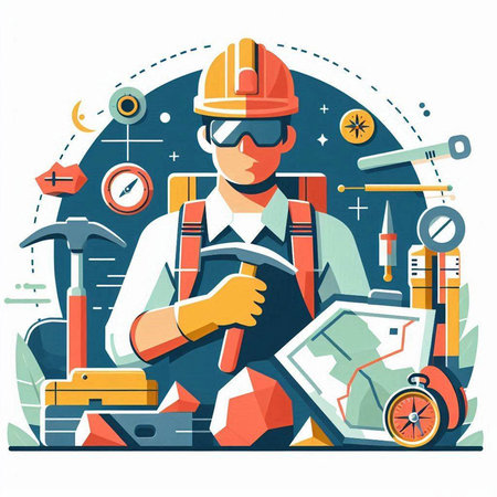 Vector illustration of a construction worker with tools and equipment in flat styleのイラスト素材