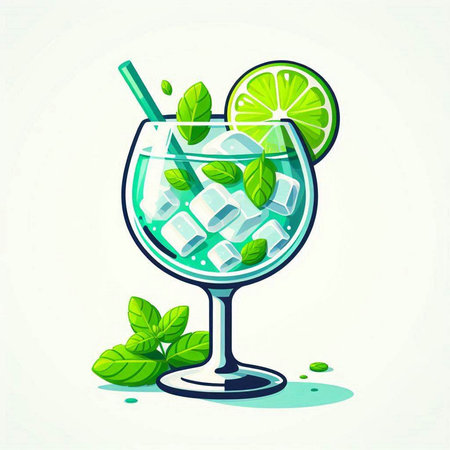 Cocktail with lime, mint and ice. Vector illustration.のイラスト素材