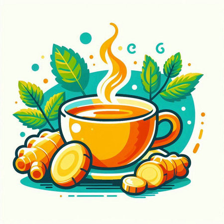 Cup of tea with ginger and mint leaves. Vector illustration.のイラスト素材