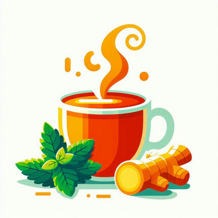 Cup of hot tea with ginger, mint and cinnamon. Vector illustration.のイラスト素材