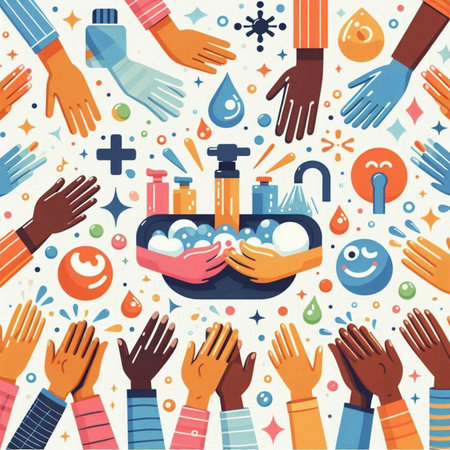 Hands washing hands with soap and water. Flat vector illustration.のイラスト素材