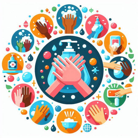 Hand sanitizer and washing hands concept. Vector illustration in flat styleのイラスト素材