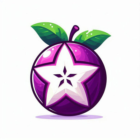 Illustration of a purple plum fruit with green leaves on a white backgroundのイラスト素材