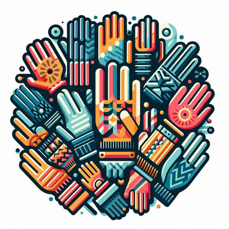 Colorful vector hand drawn doodle illustration. Round composition with hand symbols and objectsのイラスト素材