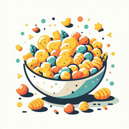Colorful vector illustration of a bowl with cornflakes and fruitsのイラスト素材