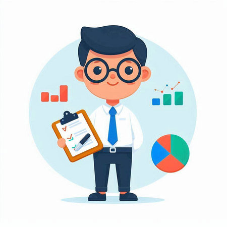 Businessman with clipboard and chart. Vector illustration in cartoon style.のイラスト素材