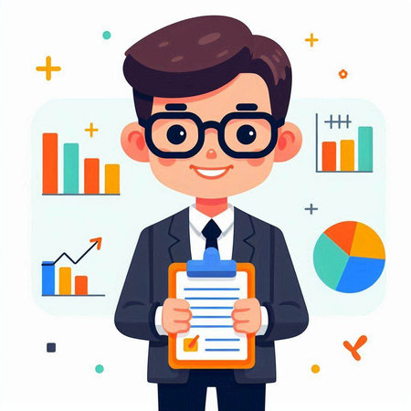 Businessman holding clipboard with graph. Vector illustration in cartoon style.のイラスト素材
