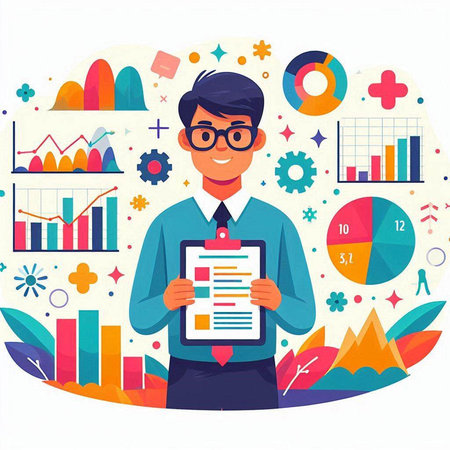 Businessman holding clipboard with charts and graphs. Vector illustration in flat styleのイラスト素材