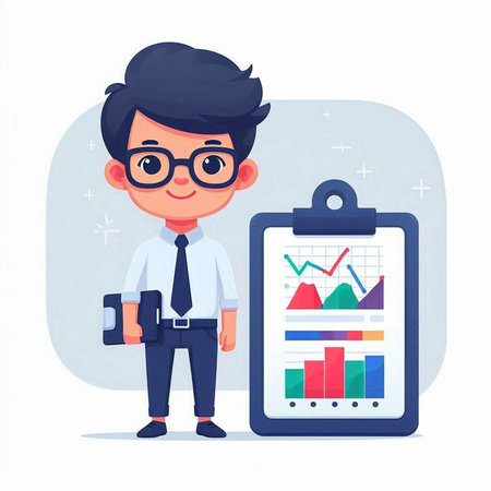 Businessman with clipboard and report. Vector illustration in cartoon style.のイラスト素材