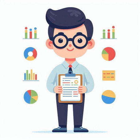 Businessman with clipboard and charts. Vector illustration in cartoon style.のイラスト素材