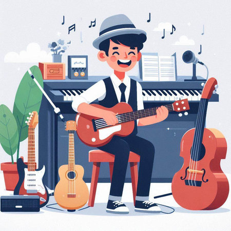 Musician playing guitar in the music studio. Cartoon vector illustration.のイラスト素材