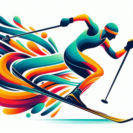 Vector illustration of a skier on a background of colorful abstract shapesのイラスト素材