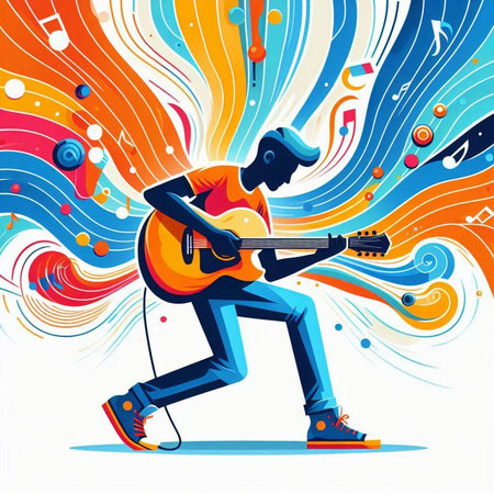Vector illustration of a man playing the guitar on a colorful background.のイラスト素材