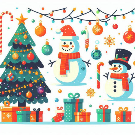 Merry Christmas and Happy New Year greeting card with snowman, fir tree, gift boxes, snowflakes, candy cane, garland. Vector illustration.のイラスト素材