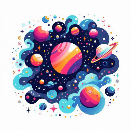 Colorful space background with planets, stars and comets. Vector illustration.のイラスト素材