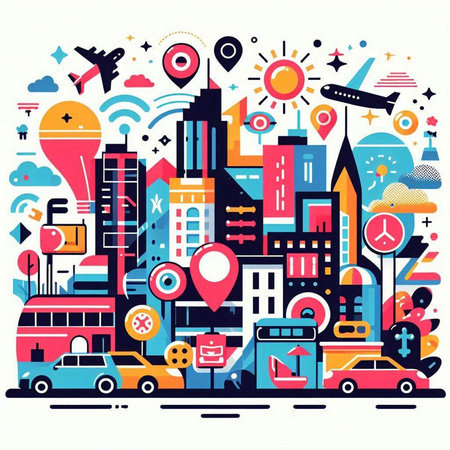 Cityscape with modern buildings, roads, cars and airplanes. Vector illustrationのイラスト素材