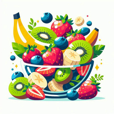 Bowl of fresh fruits and berries. Vector illustration in flat styleのイラスト素材