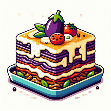 Illustration of a layered cake with eggplant, tomato and cheeseのイラスト素材