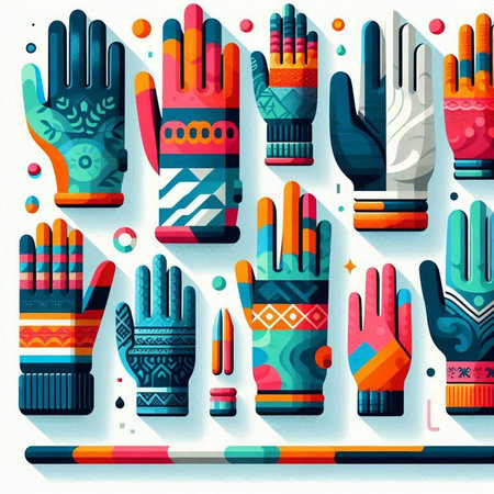 Set of colorful knitted gloves in flat style. Vector illustration.のイラスト素材