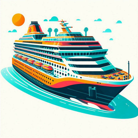 Cruise ship in the sea. Vector illustration in retro style.のイラスト素材