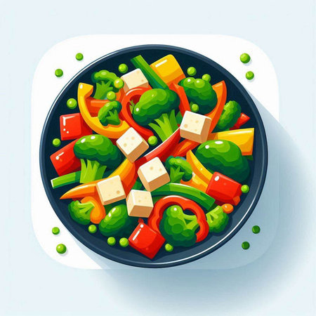 Vegetable salad with tofu and green peas. Vector illustration.のイラスト素材
