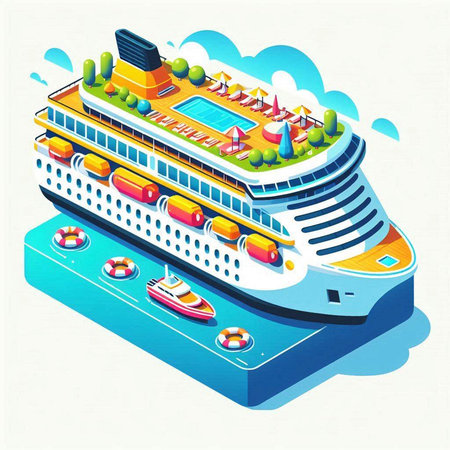 Cruise ship isometric vector illustration. Blue and yellow colors.のイラスト素材