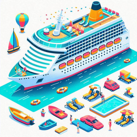 Cruise ship isometric 3d vector illustration. Cruise liner, cruise liner, cruise liner, cabriolet, speedboat, water taxi, yachts.のイラスト素材