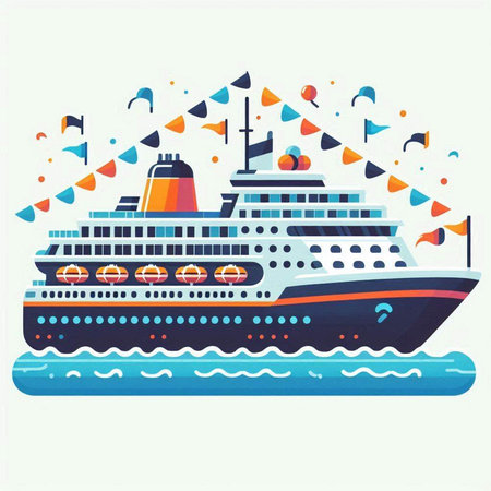 Cruise ship in the sea. Vector illustration. Flat style.のイラスト素材