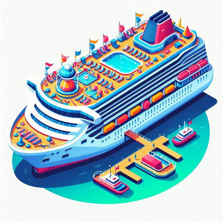 Cruise ship isometric vector illustration on white background. 3d passenger liner, cruise linerのイラスト素材