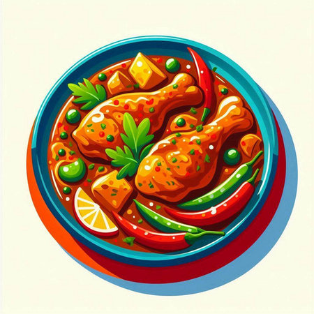 Indian chicken tikka masala on plate. Vector illustration.のイラスト素材