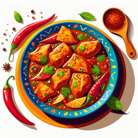 Indian cuisine. Spicy chicken with spices and herbs. Vector illustrationのイラスト素材