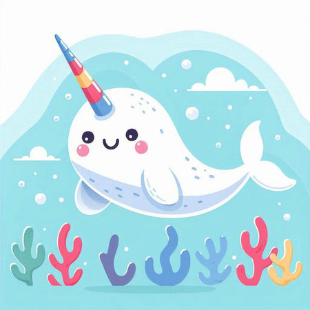 Cute cartoon narwhal with unicorn horn. Vector illustration.のイラスト素材