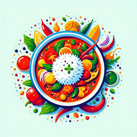 Colorful illustration of a bowl of soup with vegetables and fruits.のイラスト素材