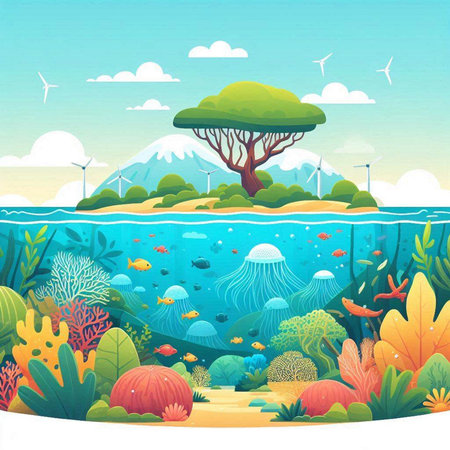 Illustration of a beautiful sea landscape with a tree in the waterのイラスト素材