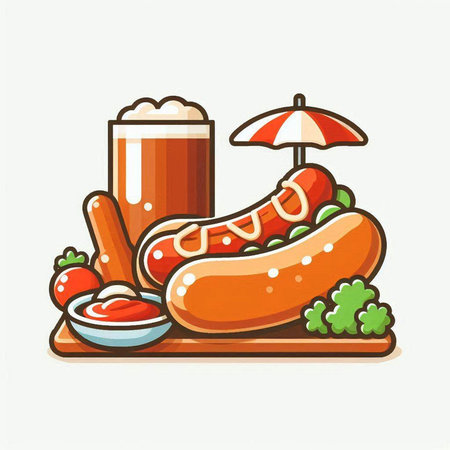 Sausage and beer on a white background. Vector illustration.のイラスト素材