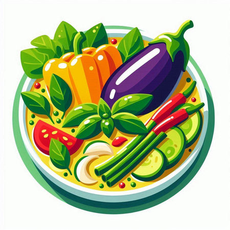 Vegetable soup with eggplant, zucchini, tomato, onion and basil. Vector illustrationのイラスト素材