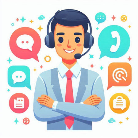 Vector illustration of a customer service agent with headset and speech bubbles.のイラスト素材