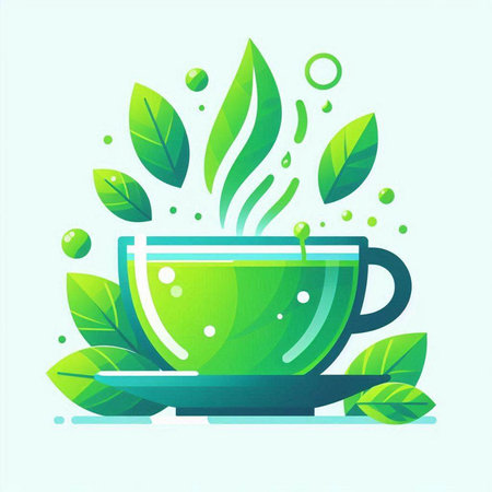 Cup of tea with green leaves and drops. Vector illustration.のイラスト素材