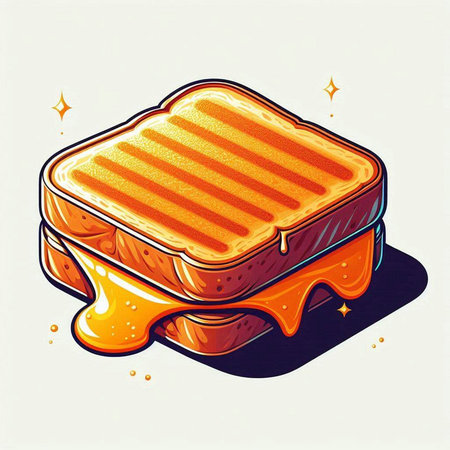 Illustration of a sandwich with melted cheese and caramel on a white backgroundのイラスト素材