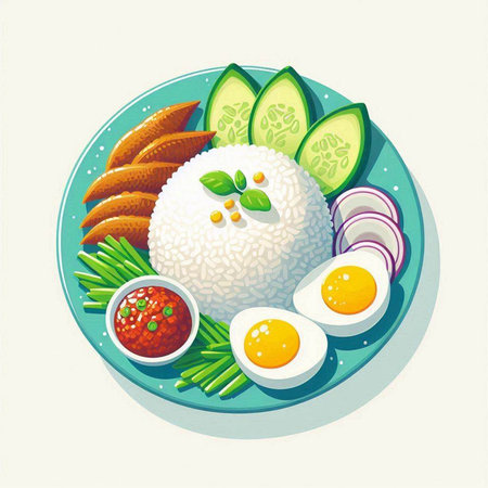 Illustration of a plate of rice with vegetables and fried eggs.のイラスト素材