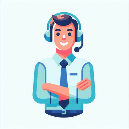 Smiling call center operator in headset. Vector illustration in flat styleのイラスト素材