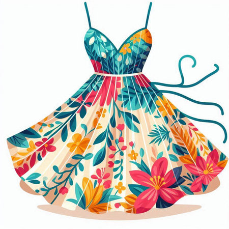 Beautiful dress with floral pattern on white background. Vector illustration.のイラスト素材
