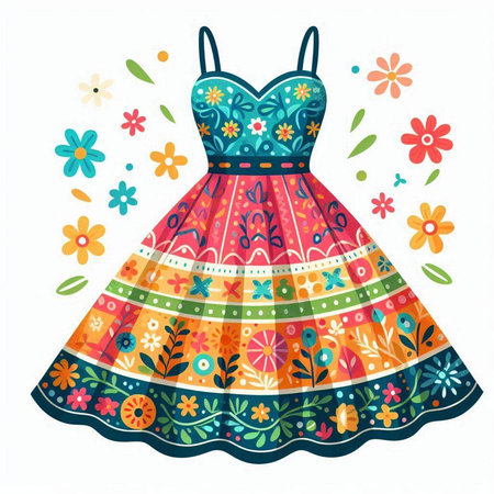 Beautiful dress with floral pattern on white background. Vector illustration.のイラスト素材