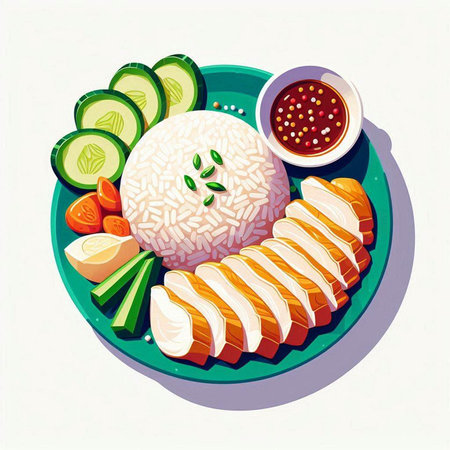 Illustration of a plate of rice with fish and vegetables on a white backgroundのイラスト素材