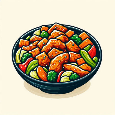 Illustration of a bowl of asian spicy chicken with vegetables.のイラスト素材
