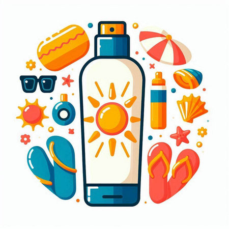 Sunscreen, sunscreen, beach accessories. Vector illustration in flat styleのイラスト素材