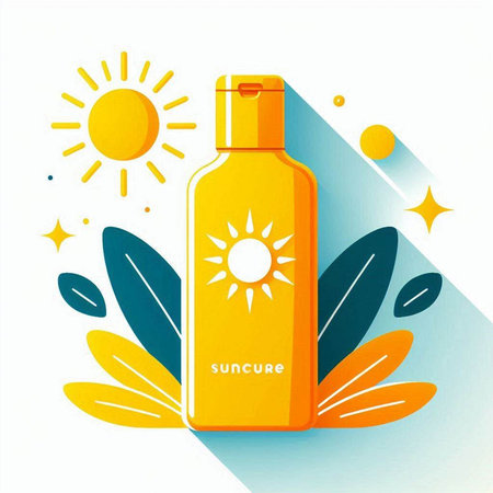 Sunscreen bottle with sun rays and leaves on white background. Vector illustration.のイラスト素材