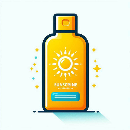 Sunscreen bottle with sun rays. Sun protection concept. Vector illustration.のイラスト素材